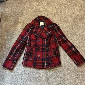 Old Navy Red and Black Plaid Pea Coat